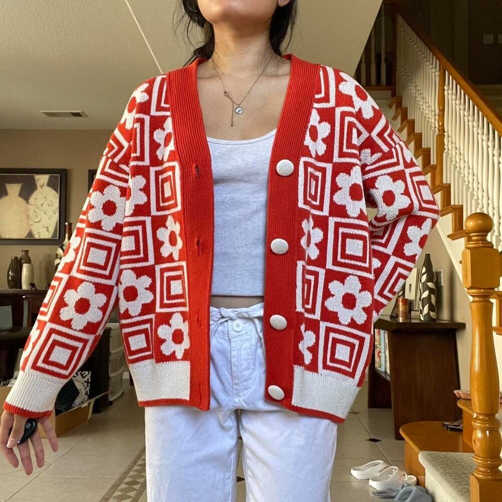 Zara Orange Jacquard Floral Geometric Chunky Knit Sweater Size S retro cozy 70s